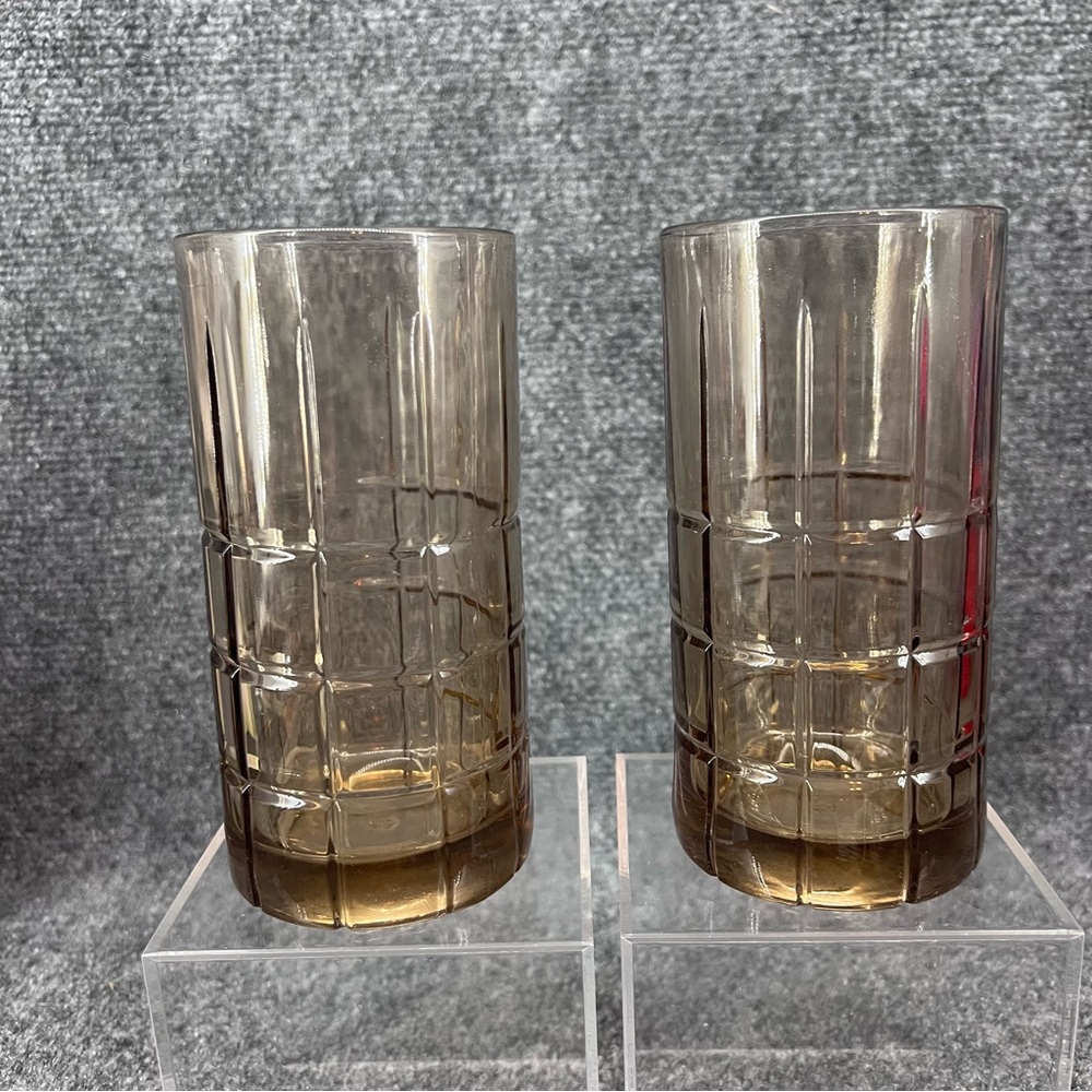 Vintage Anchor Hocking Tartan Brown Flat Ice Tea Glasses Smokey Amber Set Of 2